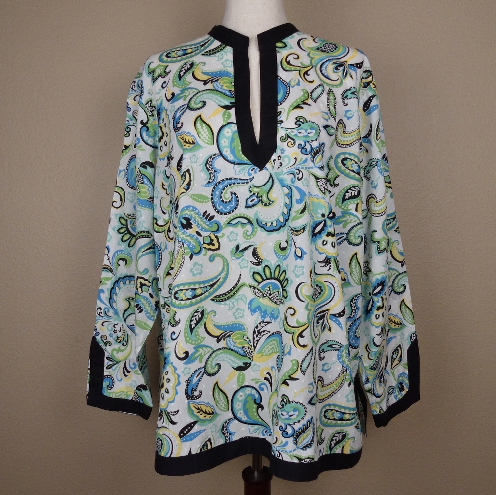 Charter Club Woman Paisley Print Blouse with Black Trim. Size- 18W